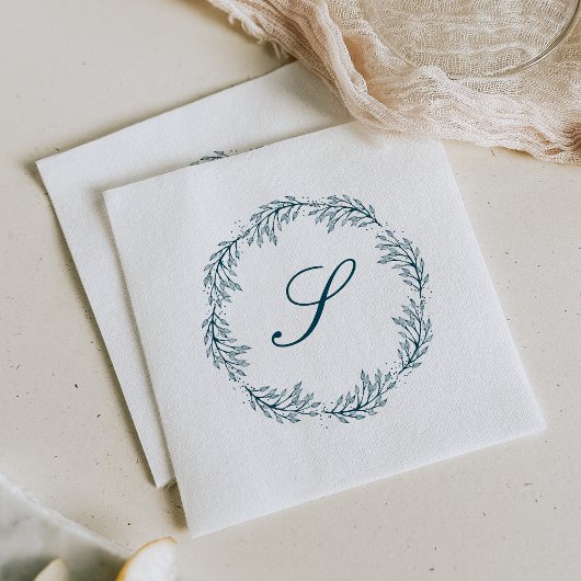 Monogram Blauwgroen Blue Wreath Classic Script Wed Servet