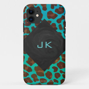 Monogram Blauwgroen en bruine luipaard iPhone 11 Hoesje