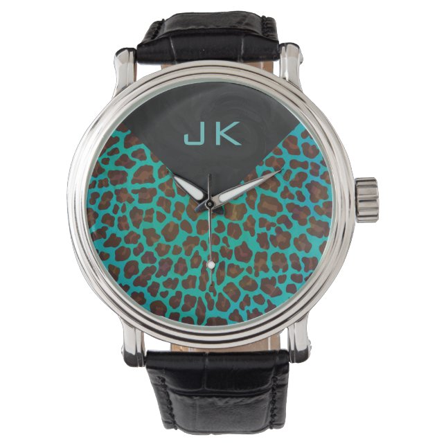 Monogram Blauwgroen en bruine luipaard Horloge (Voorkant)
