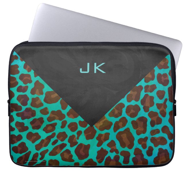 Monogram Blauwgroen en bruine luipaard Laptop Sleeve (Voorkant)