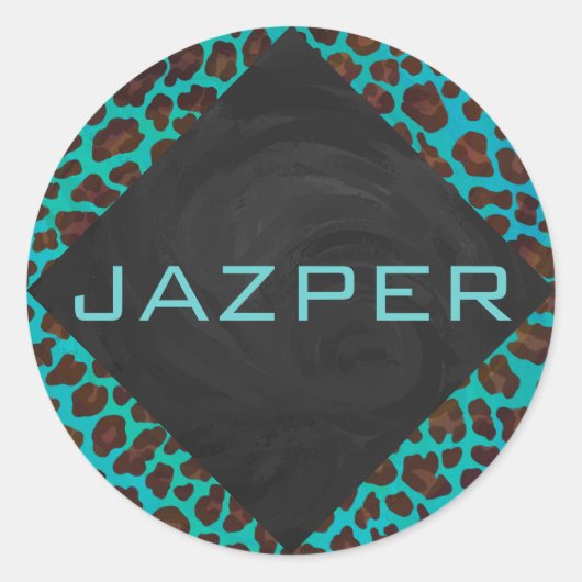 Monogram Blauwgroen en bruine luipaard Ronde Sticker (Voorkant)