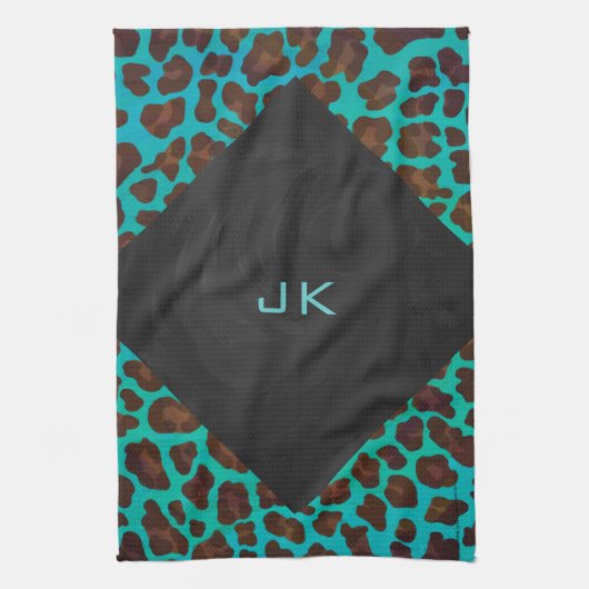 Monogram Blauwgroen en bruine luipaard Theedoek (Verticaal)