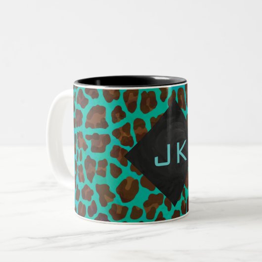 Monogram Blauwgroen en bruine luipaard Tweekleurige Koffiemok (Voorkant links)