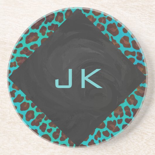 Monogram Blauwgroen en bruine luipaard Zandsteen Onderzetter (Voorkant)