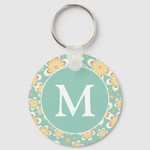 Monogram blauwgroen en geel patroonpatroon sleutelhanger