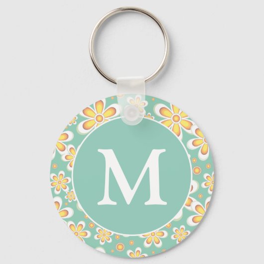 Monogram blauwgroen en geel patroonpatroon sleutelhanger (Voorkant)