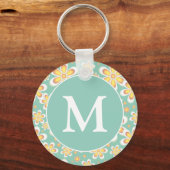 Monogram blauwgroen en geel patroonpatroon sleutelhanger (Voorkant)
