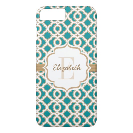 Monogram Blauwgroen en Gold Quatrefoil Case-Mate iPhone Case (Achterkant)