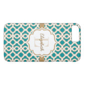Monogram Blauwgroen en Gold Quatrefoil Case-Mate iPhone Case (Achterkant (Horizontaal))