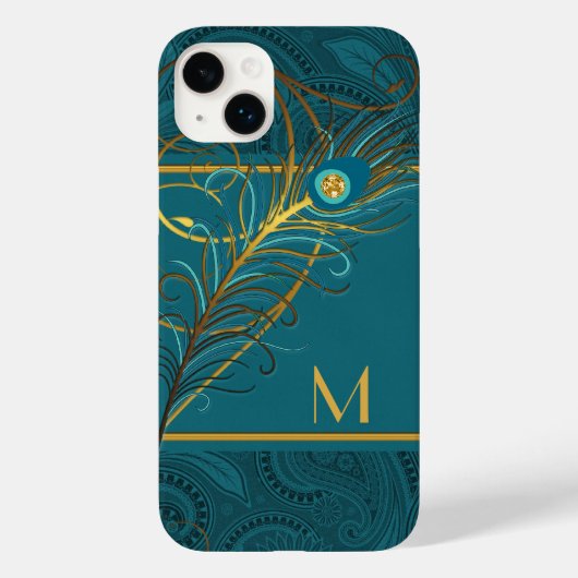 Monogram Blauwgroen en gouden Peacock Theme Case-Mate iPhone Case (Achterkant)