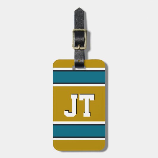 Monogram blauwgroen en goudsport Stripes Bagagelabel (Voorkant verticaal)