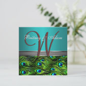 Monogram Blauwgroen en Groene Pacock Wedding Invit Kaart (Staand voorkant)
