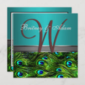Monogram Blauwgroen en Groene Pacock Wedding Invit Kaart (Voorkant / Achterkant)