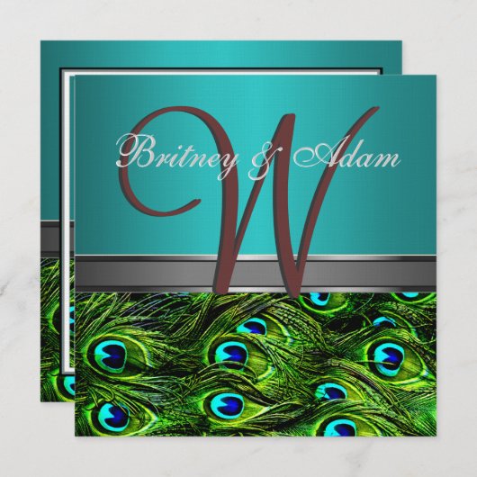Monogram Blauwgroen en Groene Pacock Wedding Invit Kaart (Voorkant / Achterkant)