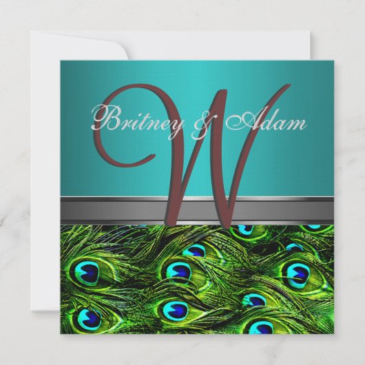 Monogram Blauwgroen en Groene Pacock Wedding Invit Kaart (Voorkant)