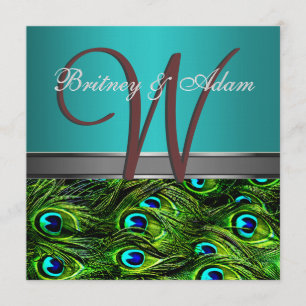 Monogram Blauwgroen en Groene Pacock Wedding Invit Kaart