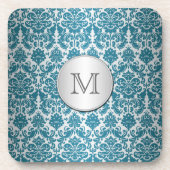 Monogram Blauwgroen en Silver Damask Onderzetter S (Voorkant)