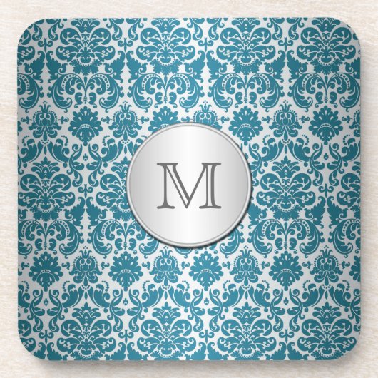 Monogram Blauwgroen en Silver Damask Onderzetter S (Voorkant)