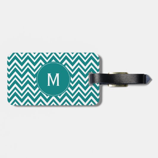 Monogram Blauwgroen en White Chevron Pattern Bagagelabel (Achterkant horizontaal)