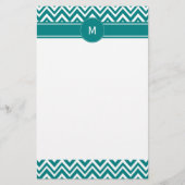 Monogram Blauwgroen en White Chevron Pattern Briefpapier (Voorkant)