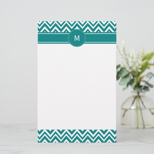 Monogram Blauwgroen en White Chevron Pattern Briefpapier (Staand voorkant)