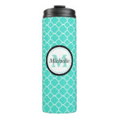Monogram blauwgroen en wit Quatrefoil Thermosbeker (Voorkant)