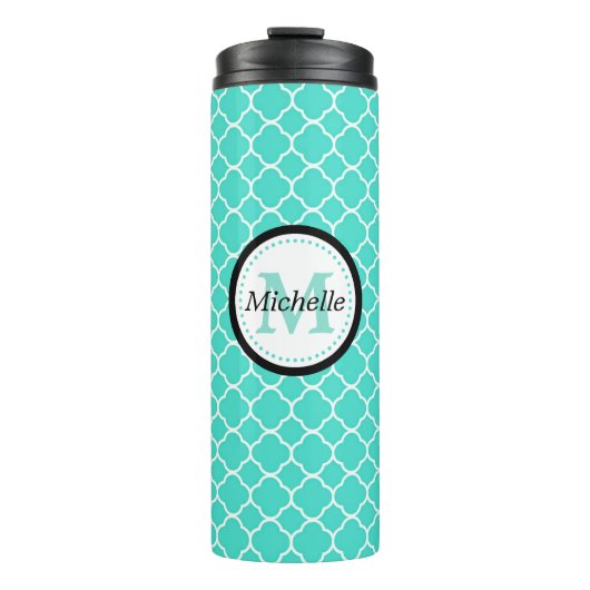 Monogram blauwgroen en wit Quatrefoil Thermosbeker (Voorkant)