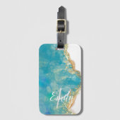 Monogram blauwgroen en Witte Agate Marble Abstract Bagagelabel (Voorkant (verticaal))