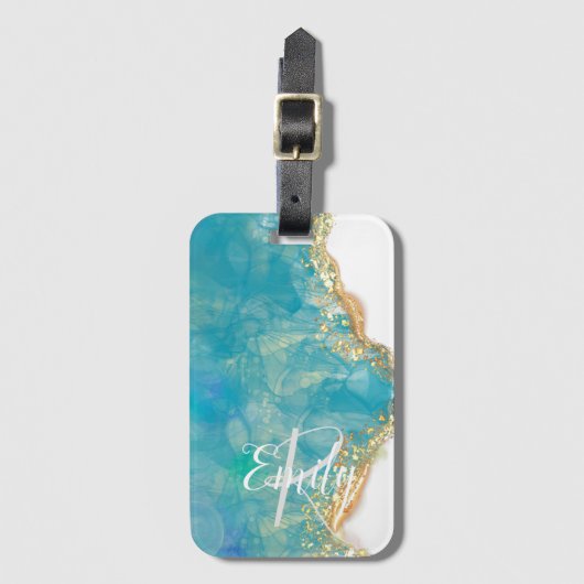 Monogram blauwgroen en Witte Agate Marble Abstract Bagagelabel (Voorkant (verticaal))