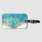 Monogram blauwgroen en Witte Agate Marble Abstract Bagagelabel (Voorkant (horizontaal))