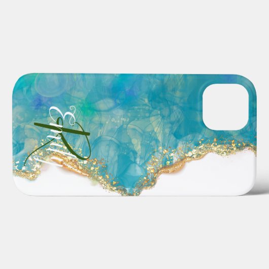 Monogram blauwgroen en Witte Agate Marble Abstract Case-Mate iPhone Case (Achterkant (horizontaal))