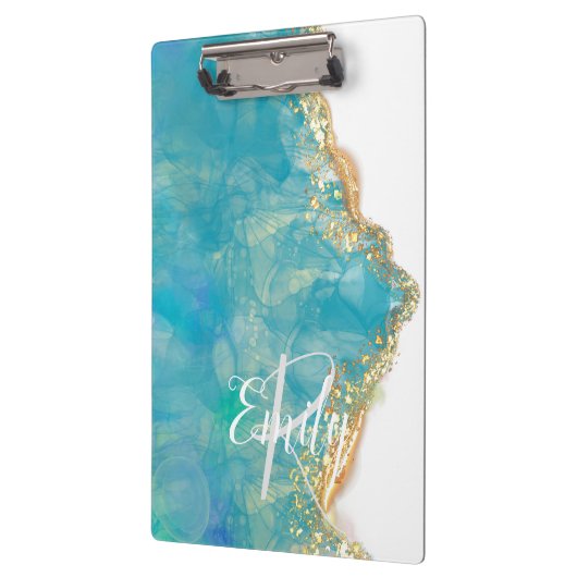 Monogram blauwgroen en Witte Agate Marble Abstract Klembord (Links)