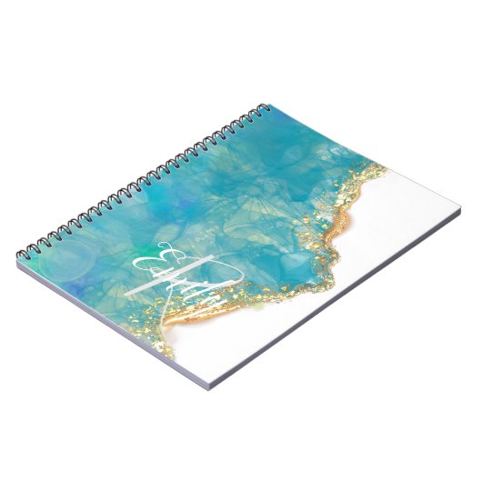 Monogram blauwgroen en Witte Agate Marble Abstract Notitieboek (Linkerzijde)
