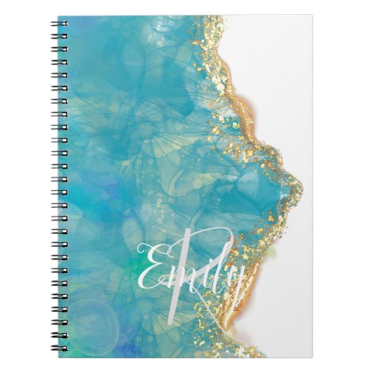 Monogram blauwgroen en Witte Agate Marble Abstract Notitieboek (Voorkant)