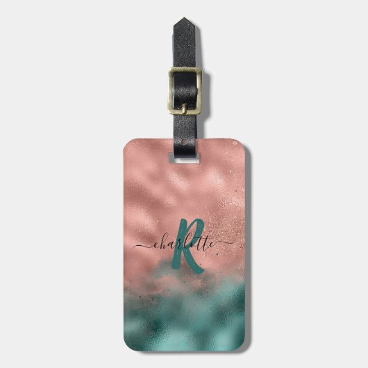 Monogram Blauwgroen en Zacht Blush Pink Ombre Foli Bagagelabel (Voorkant verticaal)
