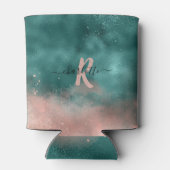 Monogram Blauwgroen en Zachte Blush Pink Ombre Fol Blikjeskoeler (Achterkant)
