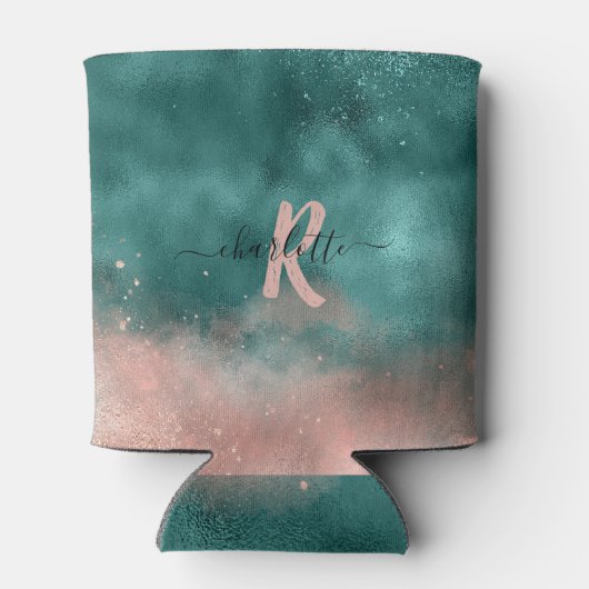 Monogram Blauwgroen en Zachte Blush Pink Ombre Fol Blikjeskoeler (Achterkant)