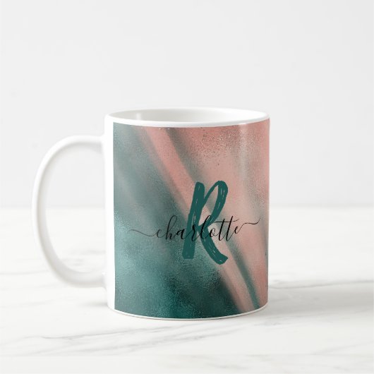 Monogram Blauwgroen en Zachte Blush Pink Ombre Fol Koffiemok (Links)