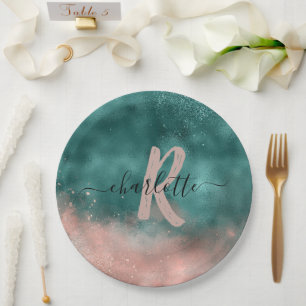 Monogram Blauwgroen en Zachte Blush Pink Ombre Fol Papieren Bordje