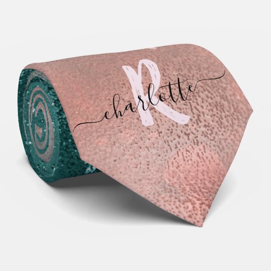 Monogram Blauwgroen en Zachte Blush Pink Ombre Fol Stropdas (Opgerold)