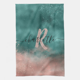 Monogram Blauwgroen en Zachte Blush Pink Ombre Fol Theedoek