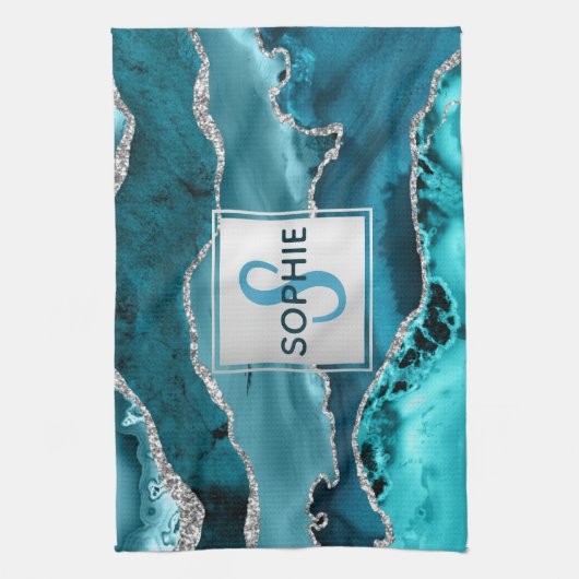Monogram blauwgroen en zilver Faux Glitter Marble  Theedoek (Verticaal)