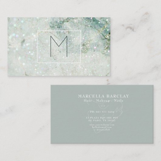 Monogram Blauwgroen Glitter Marmer Hair Make-up Visitekaartje (Voorkant / Achterkant)