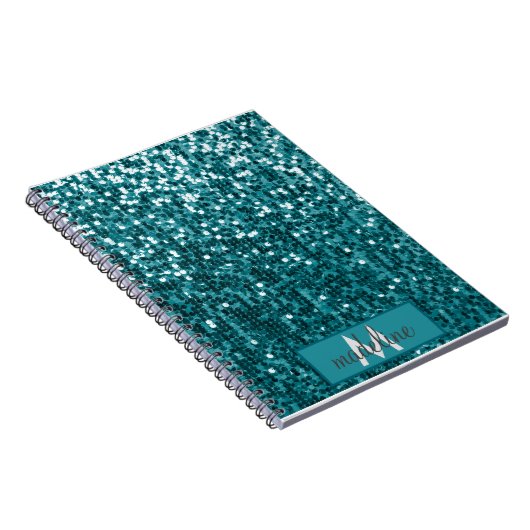 Monogram Blauwgroen Glitter Sequin Sparkly Notitie Notitieboek (Rechterzijde)