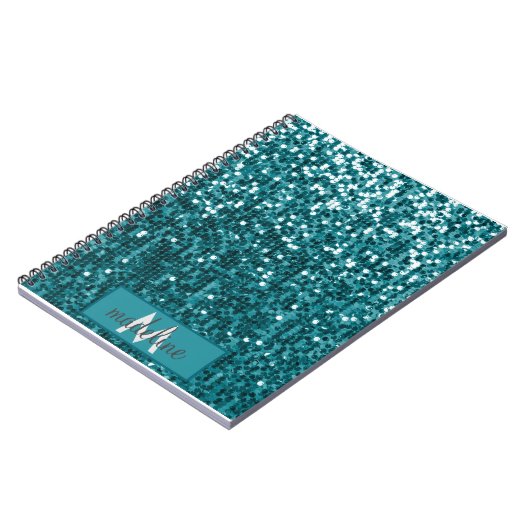Monogram Blauwgroen Glitter Sequin Sparkly Notitie Notitieboek (Linkerzijde)