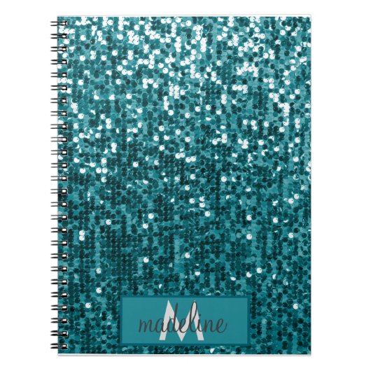 Monogram Blauwgroen Glitter Sequin Sparkly Notitie Notitieboek (Voorkant)