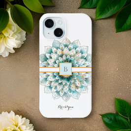 Monogram Blauwgroen Gouden Bloem Mandala iPhone 15 Case
