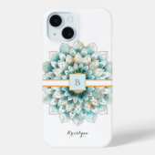Monogram Blauwgroen Gouden Bloem Mandala Case-Mate iPhone Case (Achterkant)