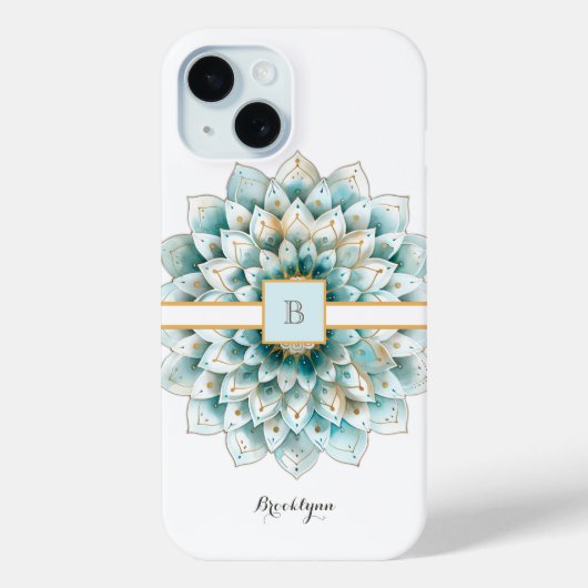 Monogram Blauwgroen Gouden Bloem Mandala Case-Mate iPhone Case (Achterkant)