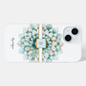 Monogram Blauwgroen Gouden Bloem Mandala Case-Mate iPhone Case (Achterkant (horizontaal))